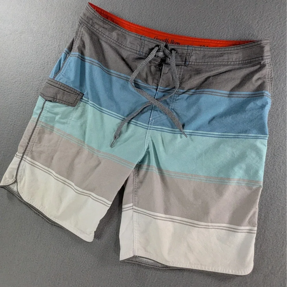 Goodfellow & Co Board Shorts Mens 34 Blue Grey Striped Cargo Pocket Swim Trunks